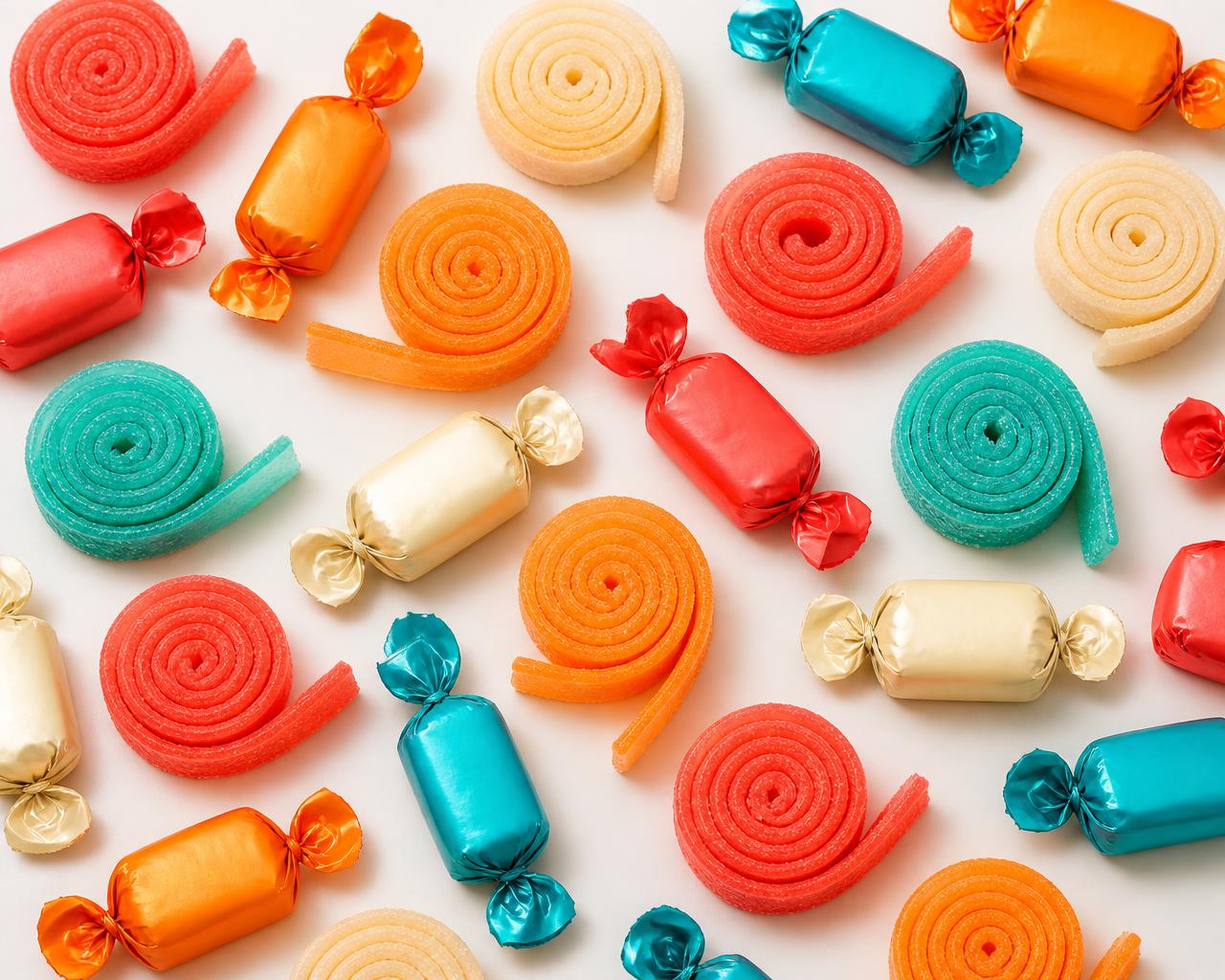Colorful rolled candy ribbons and wrapped ROLL candy pieces arranged in a grid
